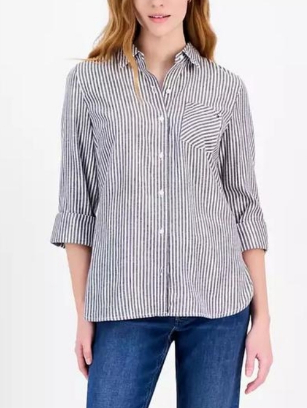 Tommy Hilfiger Women’s Gray & White Striped Button Down ~ Size Medium
